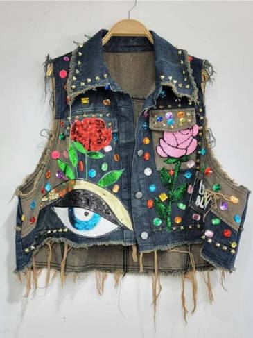Sequin Diamond Flower Loose Denim Vest Jacket