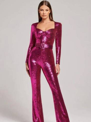 Sequin Elegant Belt Long Sleeve Jumpsuit