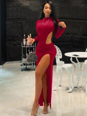 Side Slit Ruched Cut Out Long Sleeve Dress