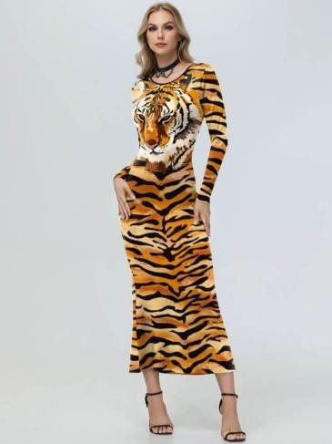 Tiger Print Bodycon Long Sleeve Dress
