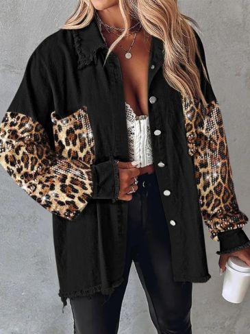 Contrast Leopard Sequin Patchwork Shirt Jacket