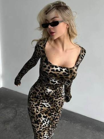 Leopard Print Long Sleeve Maxi Dress