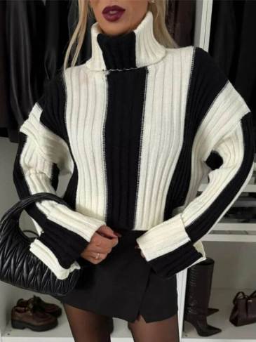 Office Turtleneck Striped Printed Slim Sweater