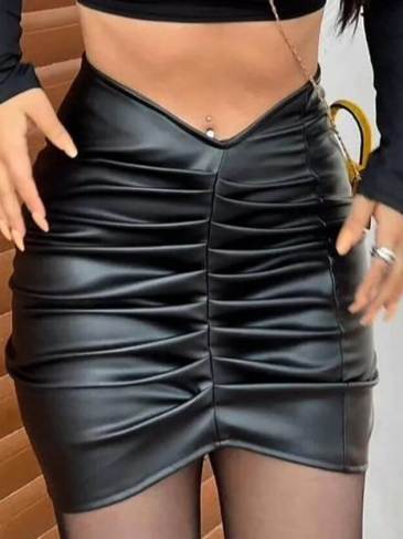 PU Leather Pleated Ruched Mini Skirt