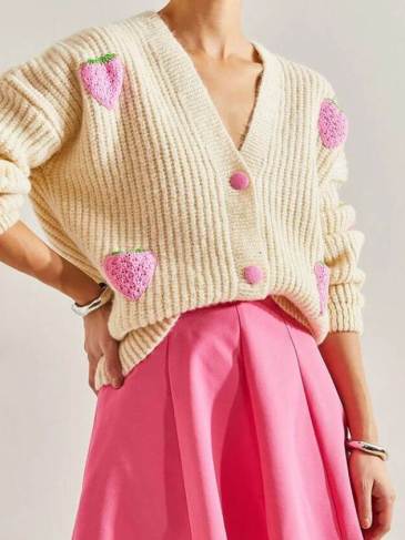 Strawberry Long Sleeve V-Neck Knitted Sweater