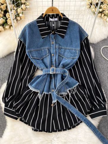 Striped Denim Casual Belt Shirt