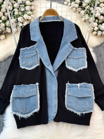 Denim Patchwork Loose Knitted Sweater