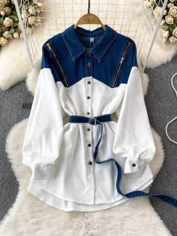 Denim Spliced Long Sleeve Belt Shirt