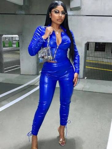 PU Suit Zipper Jacket Leather Pant Two Piece Set