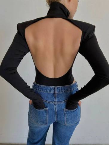 Sexy High Neck Long Sleeve Backless Bodysuit