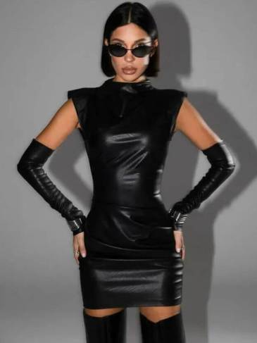 Sexy Turtleneck Leather Mini Dress With Sleeves