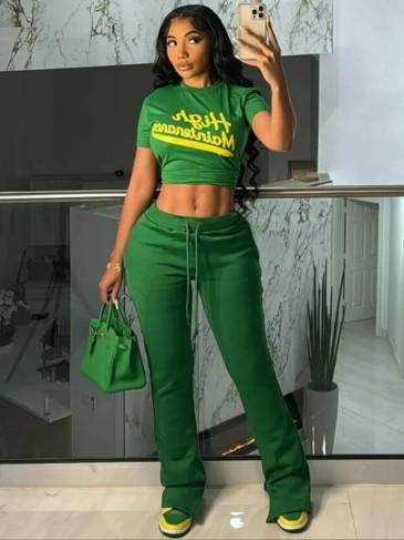 Letter Print Casual Top & Pant Two Piece Set