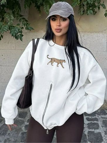 Oversized Leopard Print Zipper Top