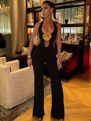 Sexy Halter Neck Gold Flower Black Jumpsuit