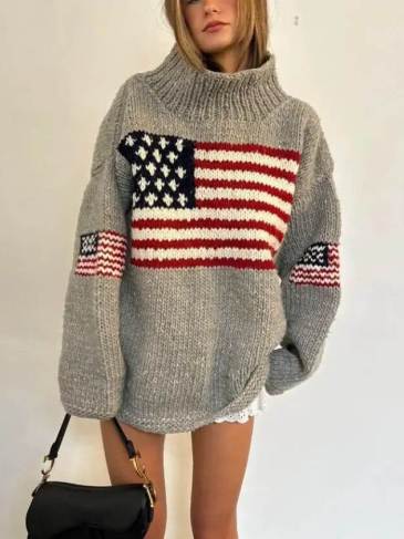 US Flag Long Sleeve High Neck Pullover Sweater