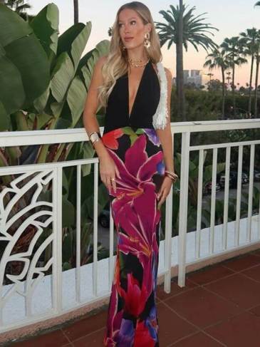 Floral Print Sexy Backless Halter Maxi Dress