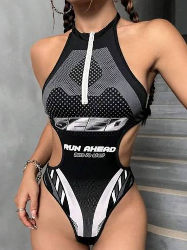 Sleeveless Zipper Letter Print Casual Bodysuit