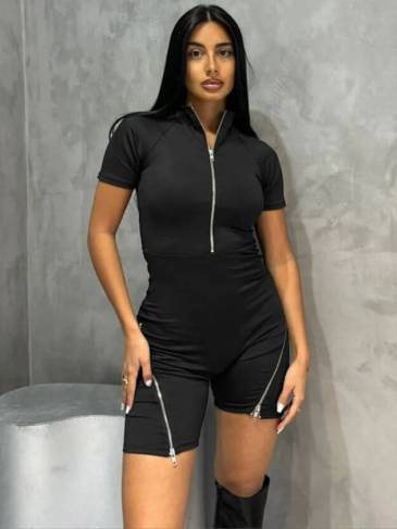 Casual Sexy Zipper Short Sleeve Jumpsuit