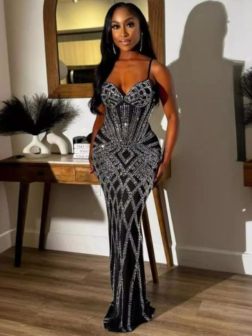 Formal Evening Rhinestone Mermaid Maxi Dress