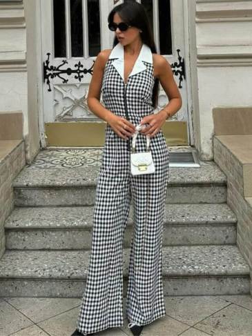 Zipper Plaid Loose V-Neck Jumpsuit