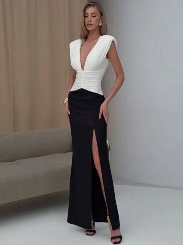 Deep V-Neck Pleated High Slit Maxi Dress