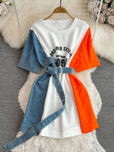 Denim Print Patchwork Casual T-Shirt Dress