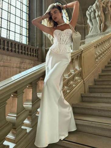 Lace Corset Top & Satin Maxi Skirt Two Piece Set