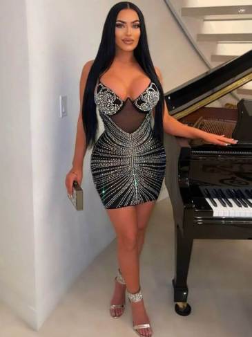 Mesh See Though Patchwork Sequin Evening Dress