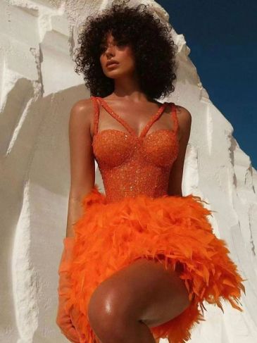 Sequin Feather V-Neck Mini Dress