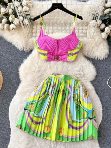 Baroque Print Crop Top＋Mini Pleated Skirt Two Piece Set