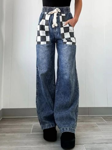 Checkerboard Plaid Denim Jeans