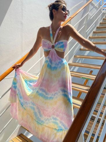 Colorful Print Halter Tie Up Strapless Maxi Dress