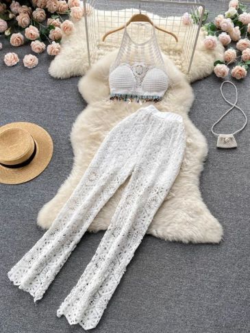 Knitted Halter Top + Pant Beach Cover Up