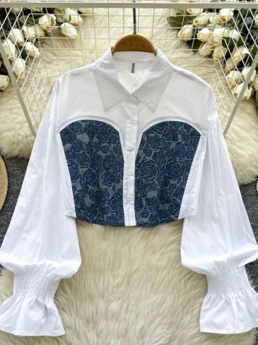 Retro Denim Splice Long Sleeves Blouse Shirt