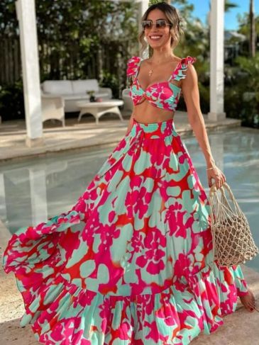 Ruffle Halter Top + Skirt Two Piece Set