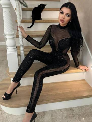 Sequined Solid See Through O-Neck Jumpsuit