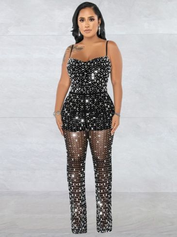 Diamonds Crystal Sequin Wide Leg Jumpsuit