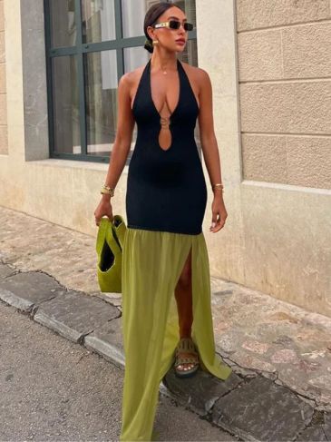 Elegant V-Neck Ruched Cut Out Halter Dress