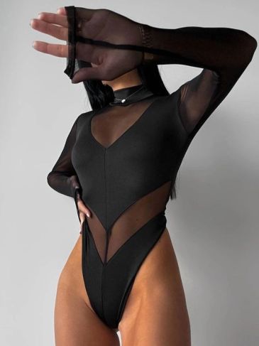 Mesh Patchwork Turtleneck Bodycon Bodysuit