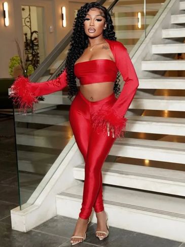 Sexy Shiny Feather Red Three Pieces Set
