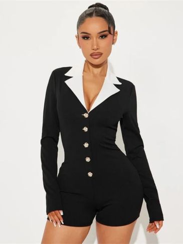 Elegant Blazer Long Sleeve V-Neck Rompers